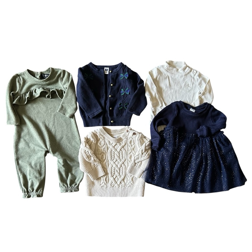Baby Girl Ruffle Cable Knit Bow Cardigan Ribbed Dress Onesie 5 item Bundle